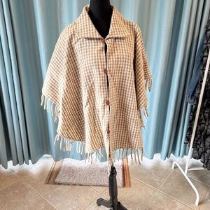 Plaid Button-Up Poncho with Fringe